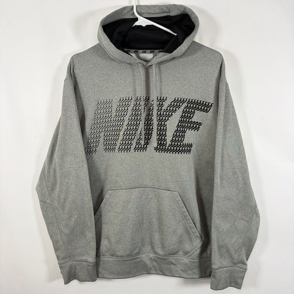 Nike Therma Fit Hoodie Mens Size Large Gray Black Geometric Spellout Fleece